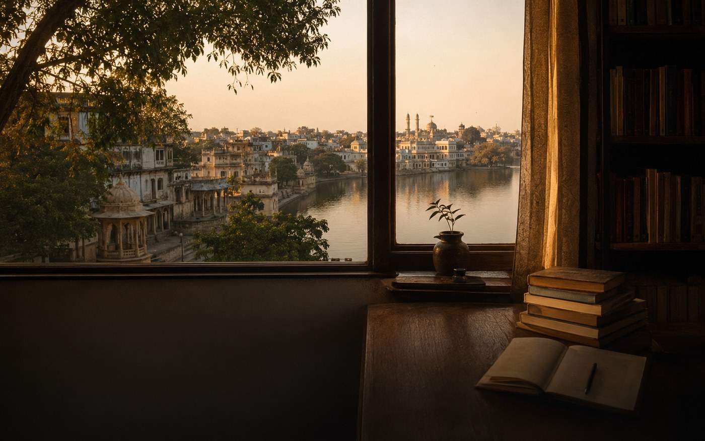 Bhopal reading room overlooking lake and hills with books in the foreground