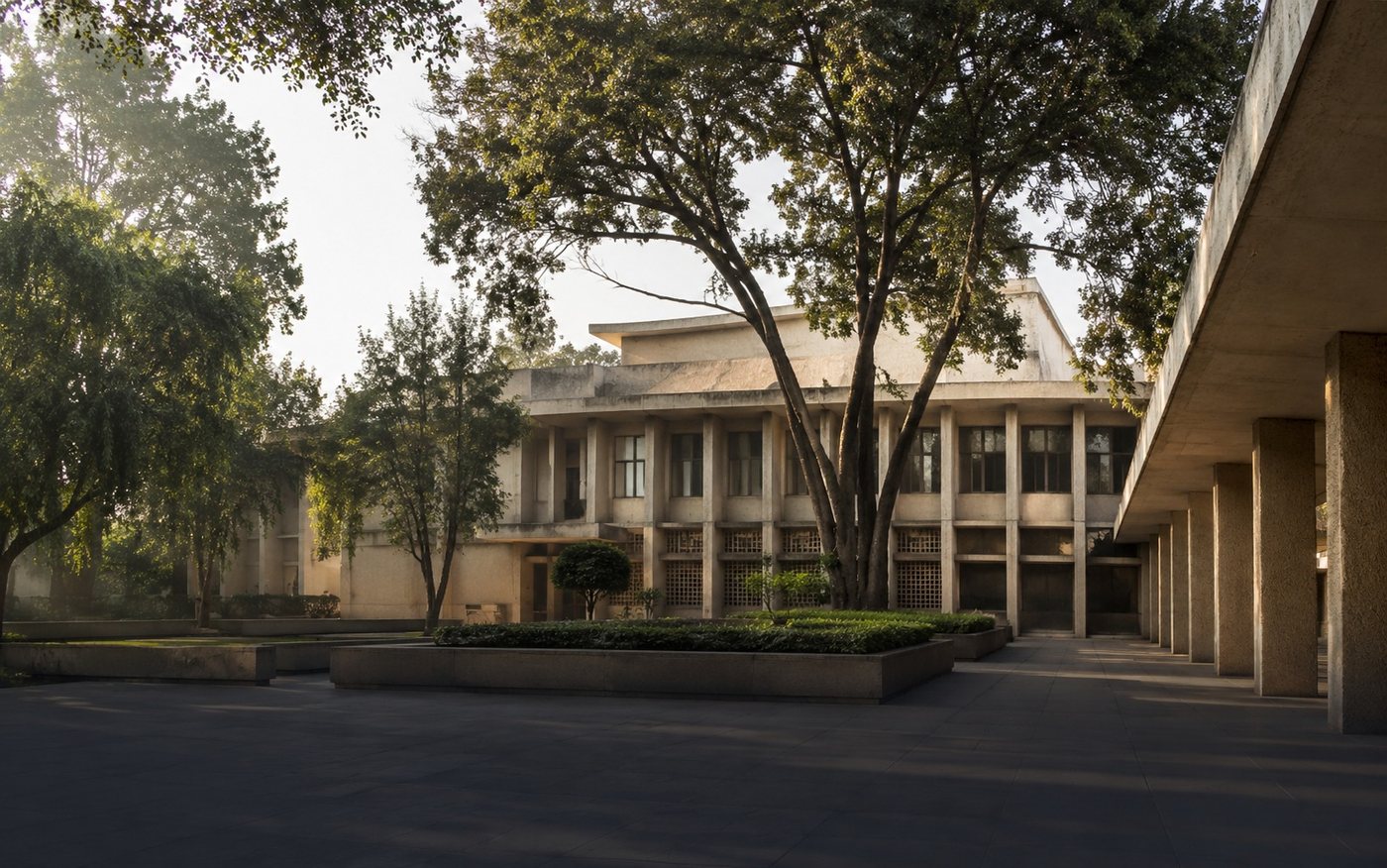 Chandigarh institutional courtyard with modernist buildings and trees