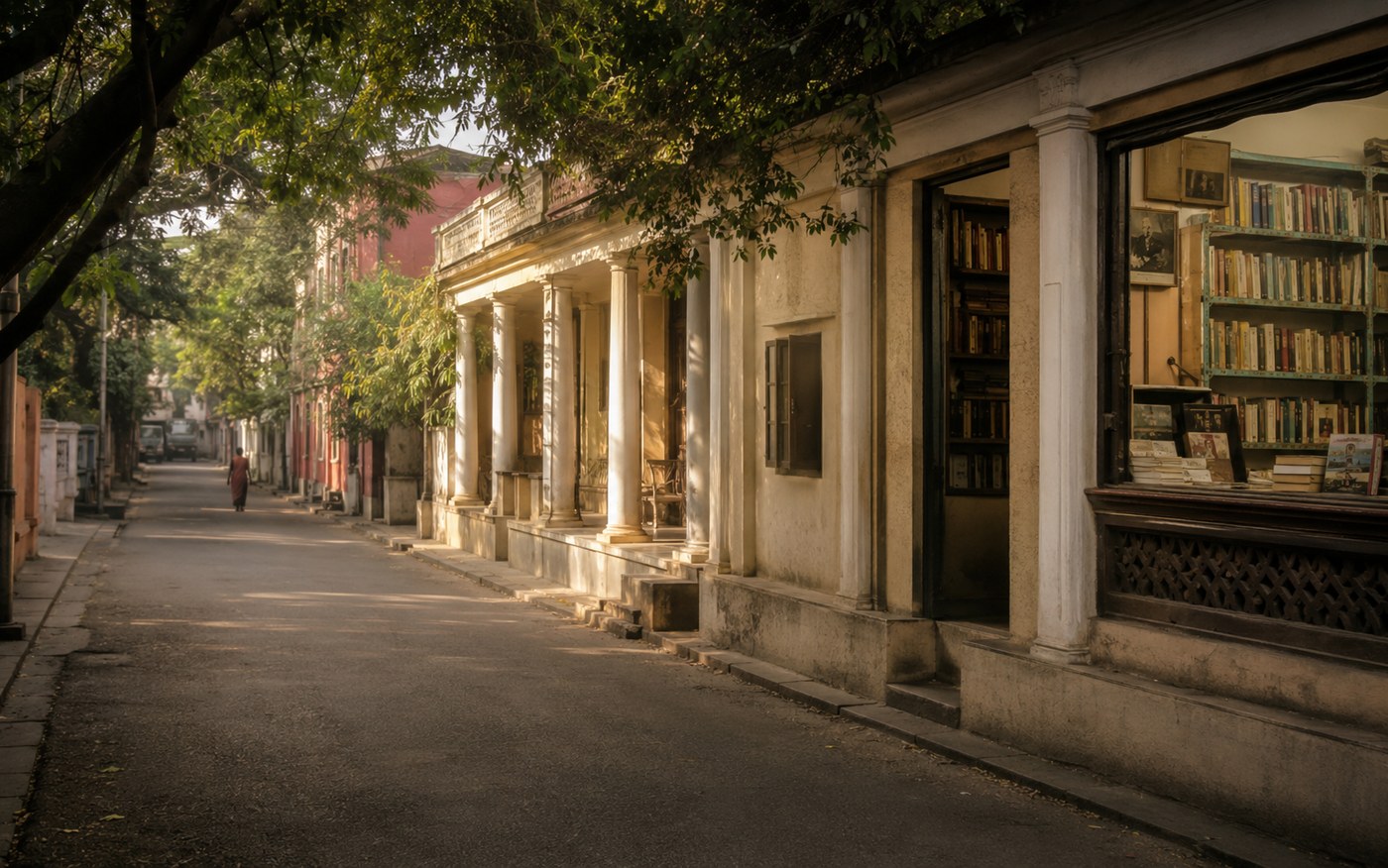 Chennai literary street with old buildings, books, and warm evening light