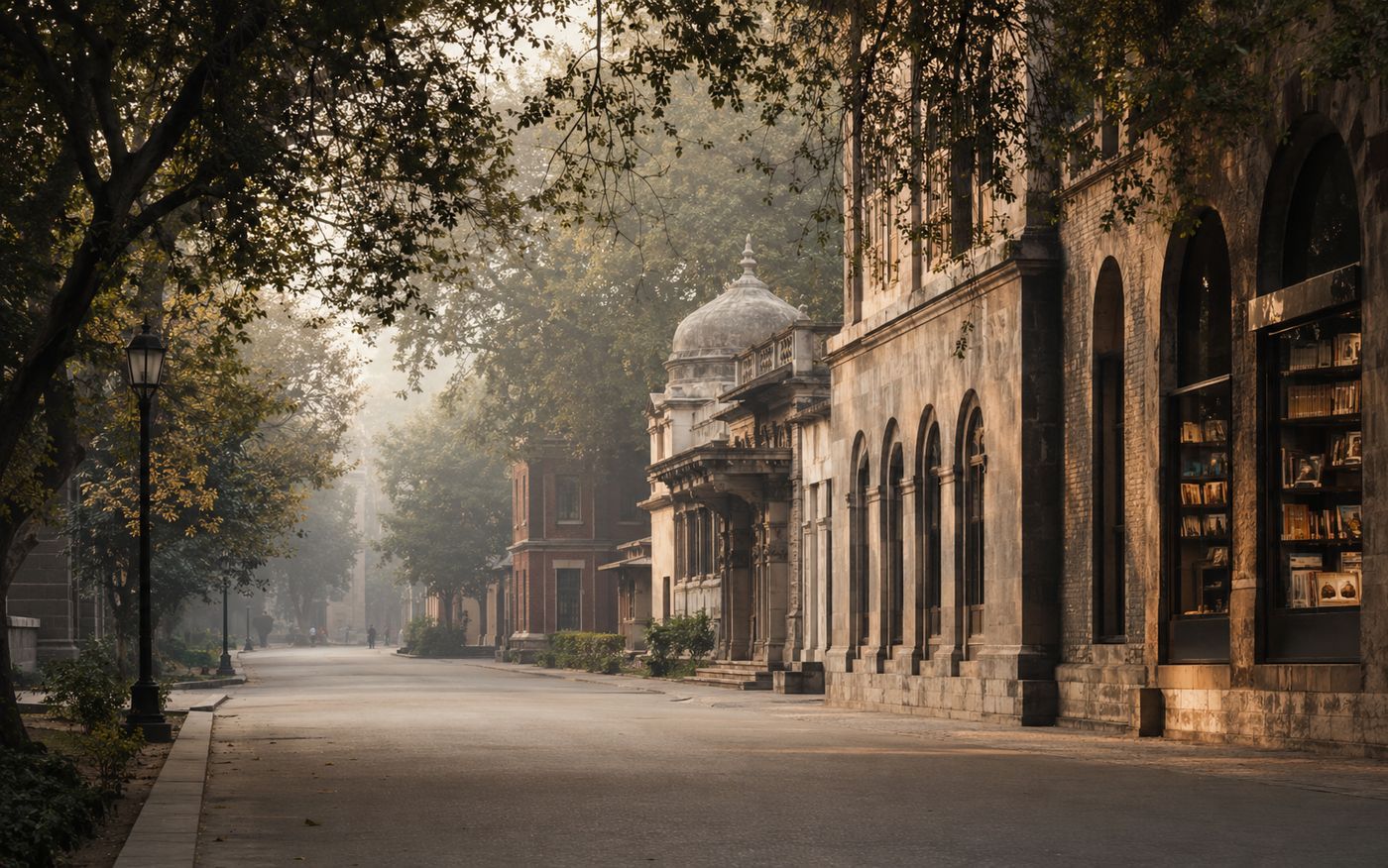 Delhi NCR literary neighbourhood with old architecture, books, and soft natural light