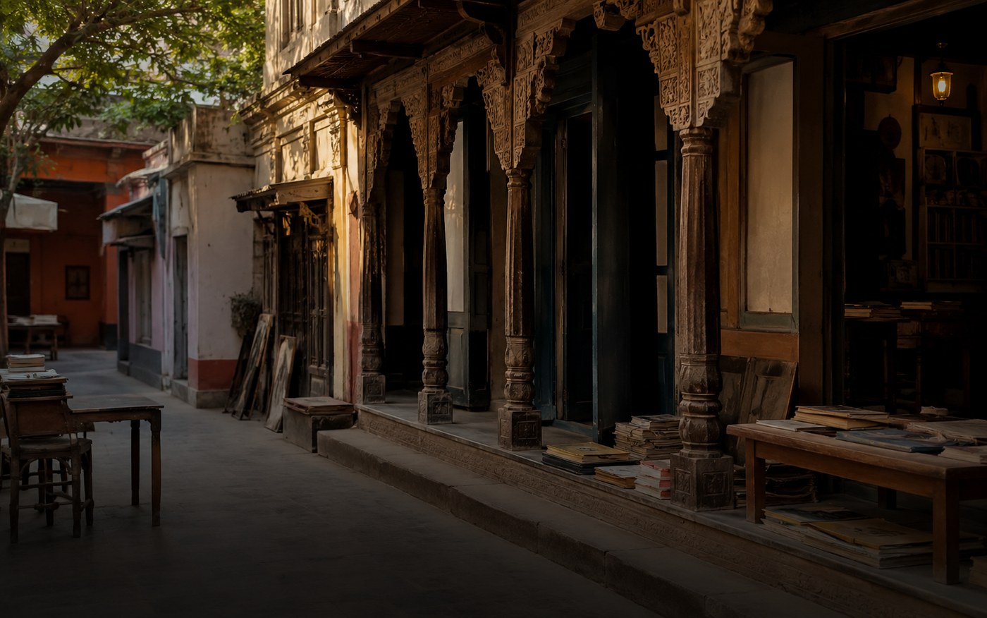 Hyderabad heritage lane with arched buildings, books, and golden light
