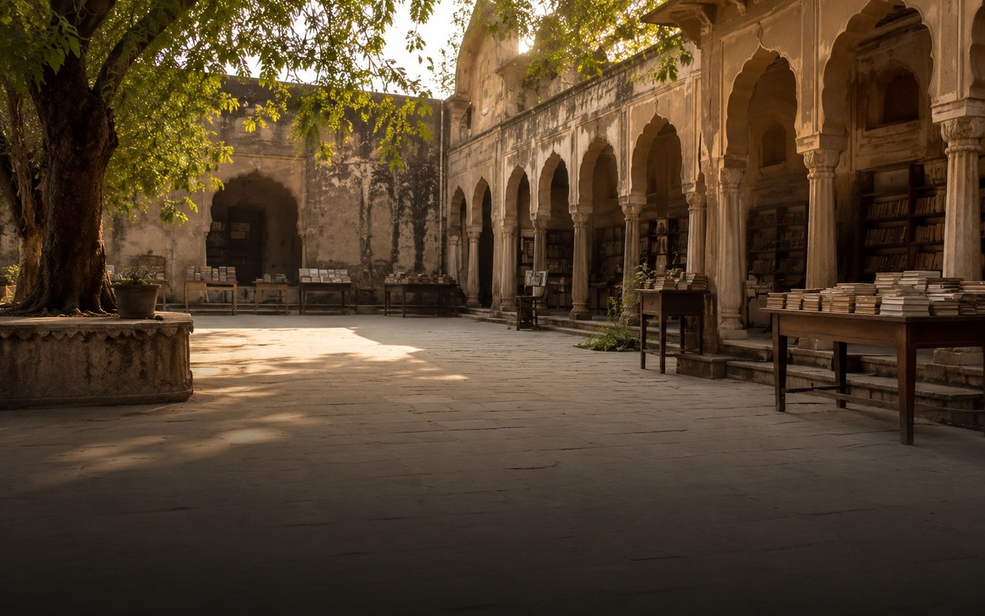 Jaipur courtyard with old arches, books, and soft morning light