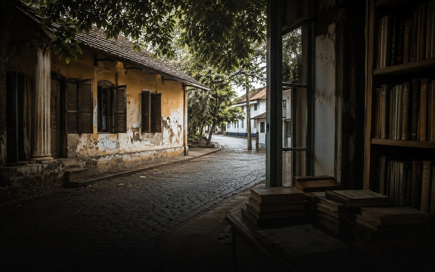 Kochi old neighbourhood seen from a quiet book-lined interior