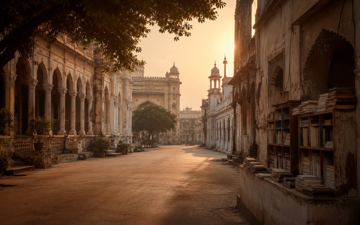 Lucknow old literary lane with arched architecture and books in warm light