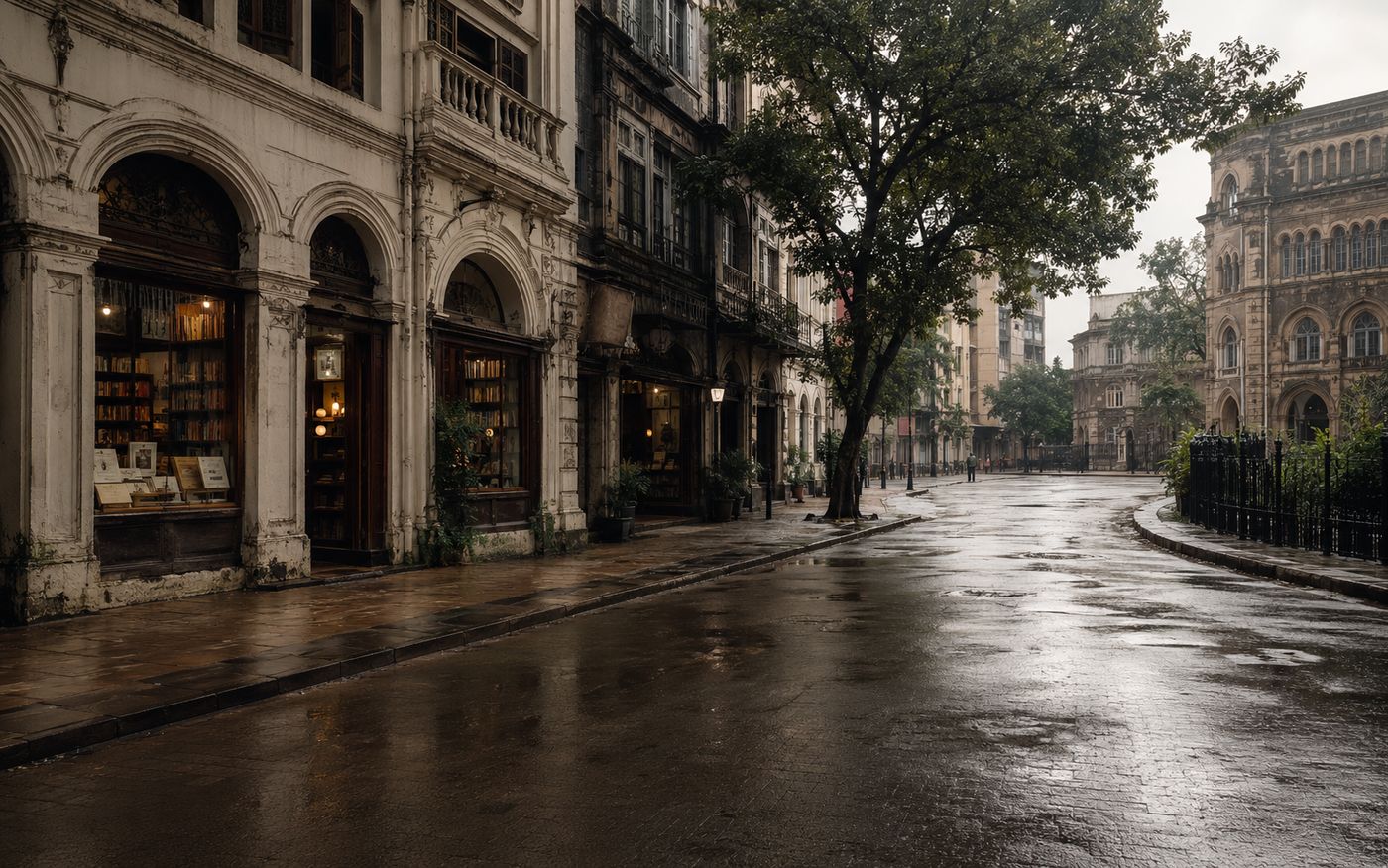 Mumbai heritage street with bookstore windows and rain-washed pavement
