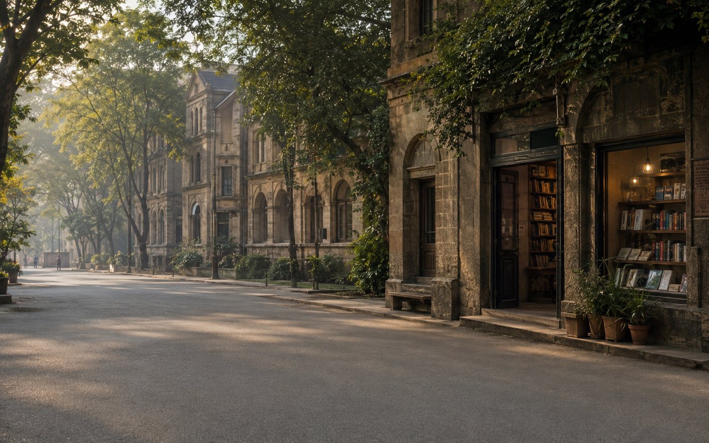 Pune academic neighbourhood with stone buildings, trees, and bookstore frontage