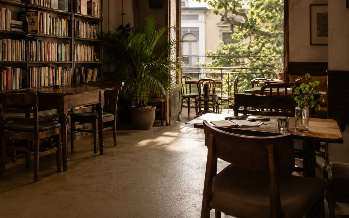 Old reading table with books, shelves, and soft archival light