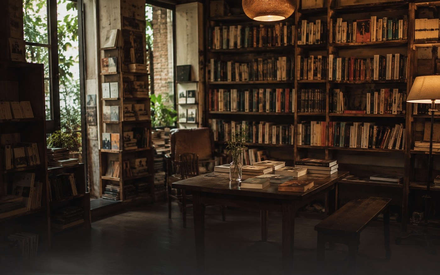 Independent bookstore interior with shelves, warm light, and quiet tables