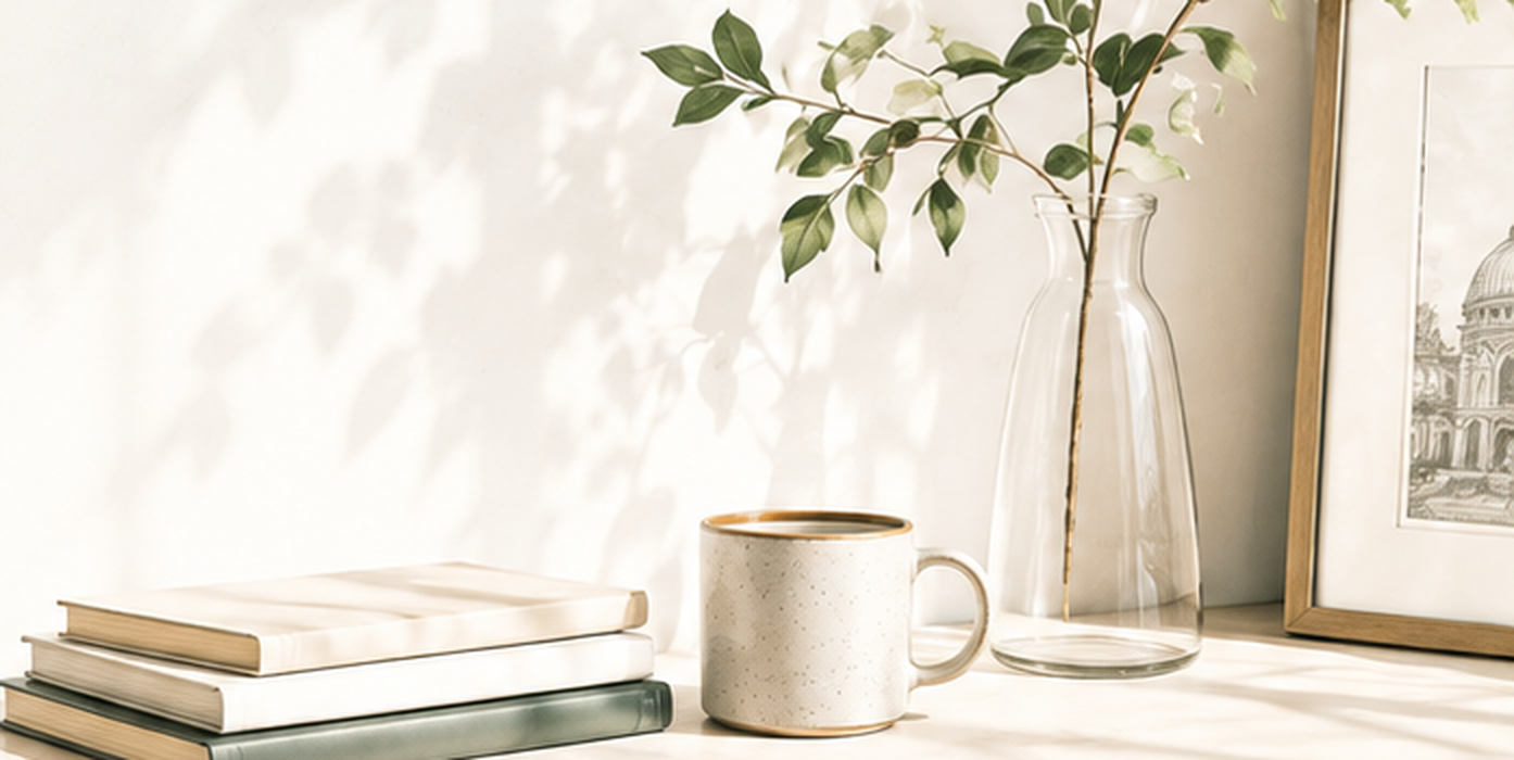 Books, a mug, and a plant on a sunlit surface